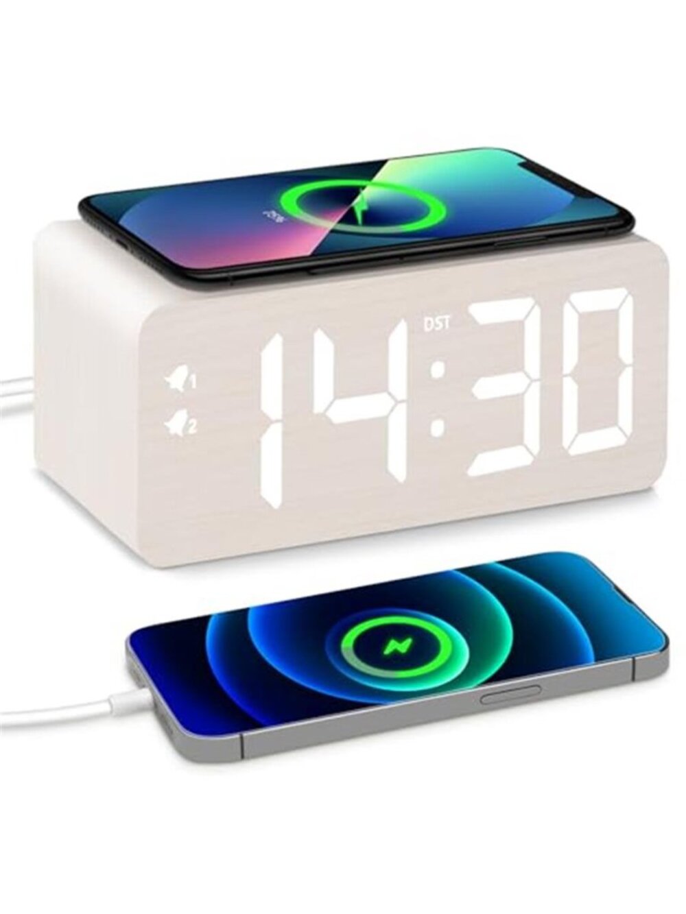 Wooden Alarm Clock Wireless Charging Digital LED Dual Alarm USB Ports